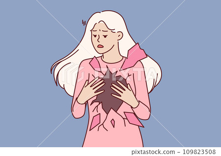 Disappointed woman feels devastation and pain in soul, and tries to close hole in body with hands 109823508