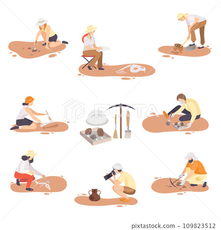 Archaeologists Excavating, Researching and Photographing Historical Artifacts Set, Paleontology Scientists Characters Flat Vector Illustration 109823512