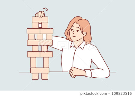 Business woman builds tower of wooden cubes, symbolizing sustainable business strategy Business woman builds tower of wooden cubes, symbolizing sustainable business strategy 109823516