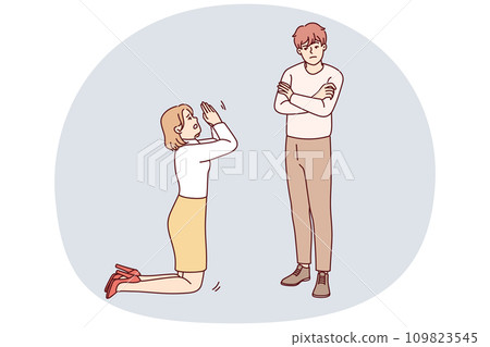 Woman kneel in front of man ask forgiveness Woman kneel in front of man ask forgiveness 109823545