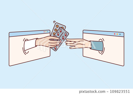 Blisters with pills in doctor hand sticking out from internet window, as metaphor for delivery drugs 109823551