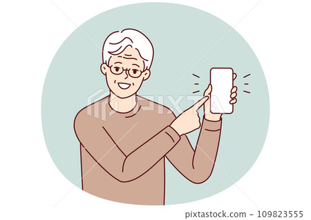 Smiling elderly man point at cell screen 109823555