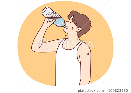 Thirsty man drinking water from bottle 109823580