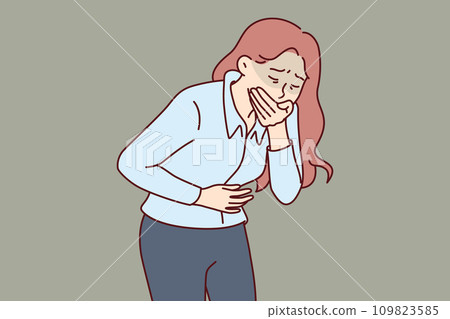 Woman suffers from nausea and covers mouth after poisoning or alcohol intoxication causing vomiting 109823585