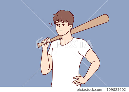 Hooligan guy with baseball bat in hand stands with hand on belt and threatens to beat up passerby 109823602
