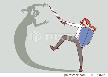 Woman fights with own shadow, holding shield and sword for concept of overcomes internal fears 109823604