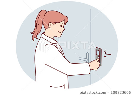 Woman in white uniform switch control panel Woman in white uniform switch control panel 109823606