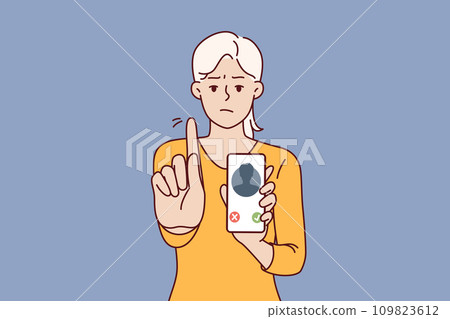 Woman sees call from unknown number and shows warning gesture indicating possibility of phone fraud 109823612