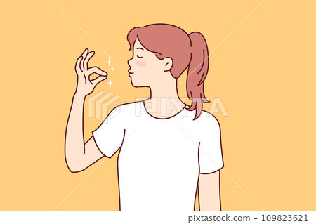 Gourmet woman praises delicious dish, making gesture symbolizing pleasure food or gastronomic orgasm 109823621