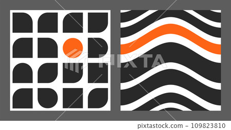 Avant-garde Primitive pattern set. Naive abstract shapes and waves in trendy Brutal style. Minimalistic Primitive design. Geometric Bauhaus print in black and red colours. Vector illustration. 109823810