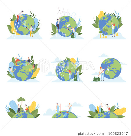 People Cleaning the Earth Planet and Collecting Plastic Waste Set, Volunteers Taking Care About Planet Ecology, Environment, Nature Protection Flat Vector Illustration 109823947