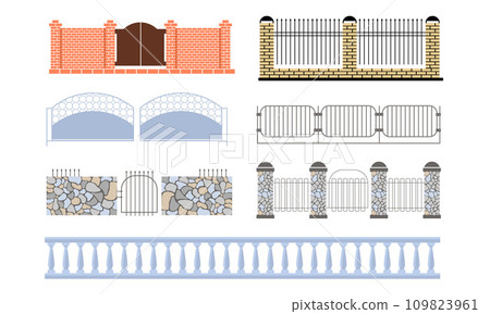 Decorative Fences Set, Wooden, Wrought Iron, Stone, Brick Fences Vector Illustration Decorative Fences Set, Wooden, Wrought Iron, Stone, Brick Fences Vector Illustration 109823961