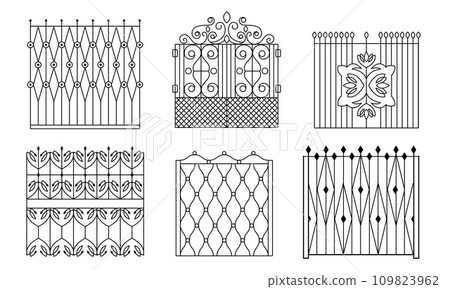 Decorative Black Wrought Iron Gates Set, Vintage Fences with Swirls Vector Illustration 109823962