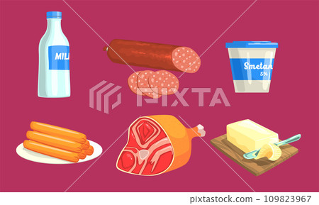 Natural Milk and Meat Products Set, Milk, Sausage, Sour Cream, Ham, Butter Vector Illustration 109823967