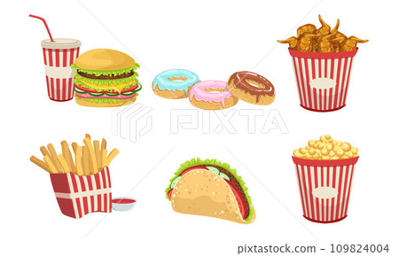 Collection of Fast Food, Takeaway Street Food Dishes, Burger, Soda Drink, French Fries, Donut, Popcorn Vector Illustration Collection of Fast Food, Takeaway Street Food Dishes, Burger, Soda Drink, French Fries, Donut, Popcorn Vector Illustration 109824004