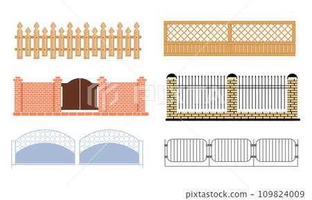 Decorative Fences Set, Wooden, Wrought Iron, Brick Fences Vector Illustration Decorative Fences Set, Wooden, Wrought Iron, Brick Fences Vector Illustration 109824009