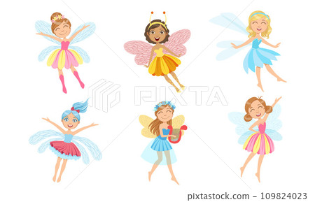 Cute Little Fairies in Colorful Dresses with Wings Set, Beautiful Girls in Fairy or Elf Costumes Vector Illustration Cute Little Fairies in Colorful Dresses with Wings Set, Beautiful Girls in Fairy or Elf Costumes Vector Illustration 109824023