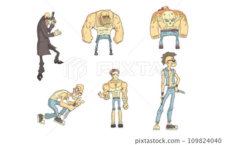 Criminals Funny Characters Set, Male Burglars, Murderers And Thieves with Different Weapons in Their Hands Vector Illustration Criminals Funny Characters Set, Male Burglars, Murderers And Thieves with Different Weapons in Their Hands Vector Illustration 109824040