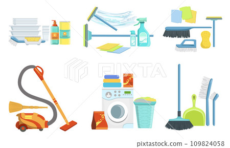 Tools for Cleaning Set, Household Supplies, Washing Machine, Detergent Bottles, Mop, Brush, Vacuum Cleaner Vector Illustration 109824058