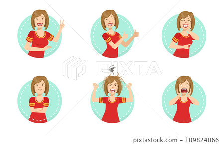 Young Woman Showing Various Gestures and Facial Emotions Set Vector Illustration Young Woman Showing Various Gestures and Facial Emotions Set Vector Illustration 109824066