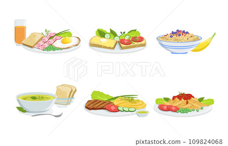 Collection of Different Food Set, Delicious Served Food in Dishes Vector Illustration Collection of Different Food Set, Delicious Served Food in Dishes Vector Illustration 109824068