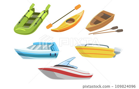 Collection of Boats, Different Types of Water Transport, Inflatable and Wooden Boat, Powerboat, Kayak Vector Illustration 109824096