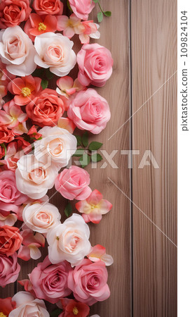 AI-generated content. Romantic Background with Roses on Wooden Table 109824104