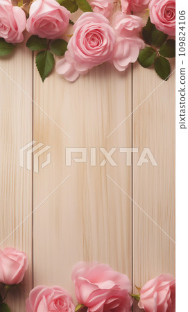 AI-generated content. Romantic Background with Roses on Wooden Table 109824106