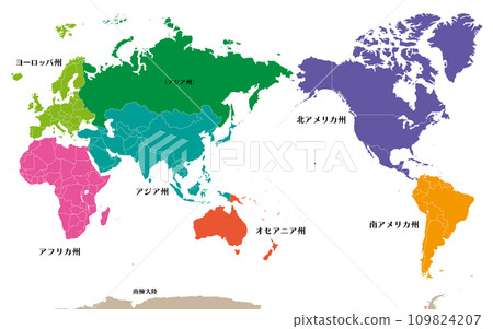 World map color-coded by six major states, with Russia shown in a different color as an Asian province, Japanese World map color-coded by six major states, with Russia shown in a different color as an Asian province, Japanese 109824207