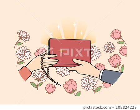 Hands of people with christian bible near flowers, during exchange of religious literature Hands of people with christian bible near flowers, during exchange of religious literature 109824222