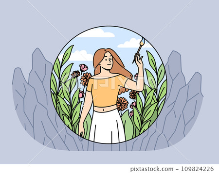 Woman draws beautiful nature around, creating favorable conditions or harmony for own life 109824226