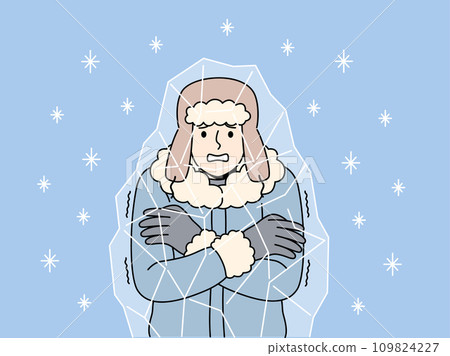 Frozen man stands inside block of ice and chatters teeth, suffering due to sudden climate change 109824227