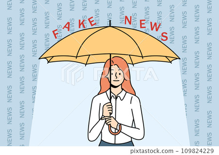 Woman covers herself with umbrella from fake news and disinformation, concept combating propaganda Woman covers herself with umbrella from fake news and disinformation, concept combating propaganda 109824229
