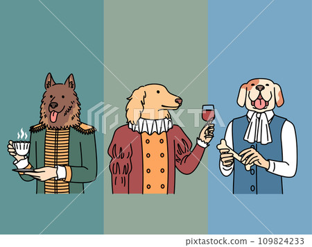Dogs with body of people in clothes of lords and medieval kings hold mug of tea or glass of wine Dogs with body of people in clothes of lords and medieval kings hold mug of tea or glass of wine 109824233