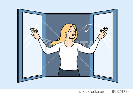 Woman opens window enjoying fresh air coming from street in house, and smilingly looks at passers-by Woman opens window enjoying fresh air coming from street in house, and smilingly looks at passers-by 109824234