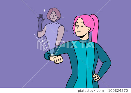 Futuristic woman uses watch with female friend hologram for remote communication and chatting 109824270