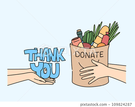 Bag food in hands of man near inscription thank you, for concept charity and helping people in need 109824287