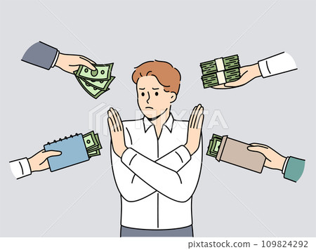 Man refuses monetary bribes by crossing arms and not wanting to participate in illegal transactions 109824292