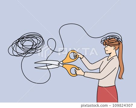 Woman gets rid mental problems by cutting off tangled threads coming from head with large scissors Woman gets rid mental problems by cutting off tangled threads coming from head with large scissors 109824307