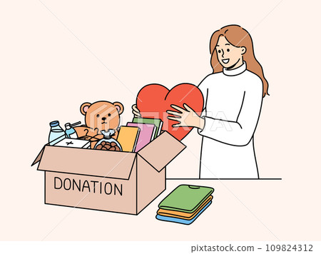 Kind woman stands near donation box with big heart in hands, wanting to help people in need Kind woman stands near donation box with big heart in hands, wanting to help people in need 109824312