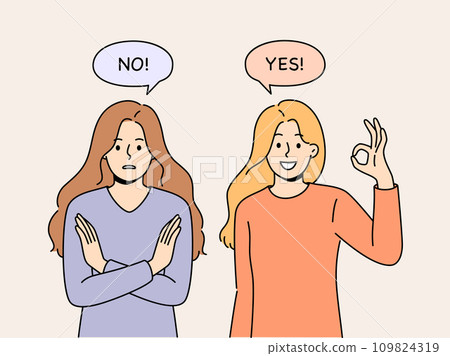 Women with opposing opinions demonstrate yes and no gestures, answering question or suggestion 109824319