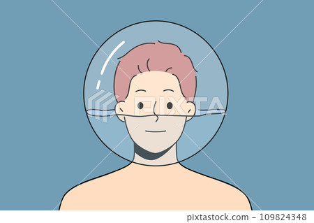 Man with glass ball filled with water on his head for concept of psychological problems 109824348