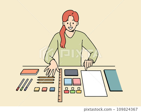 Perfectionist woman with OCD syndrome puts things in order on desktop and workplace Perfectionist woman with OCD syndrome puts things in order on desktop and workplace 109824367