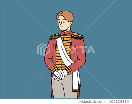 Sad aristocratic man in 18th century clothes is ready for ball or dinner party in medieval castle 109824383