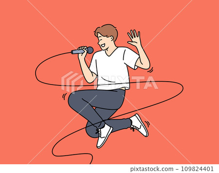 Jumping male singer with microphone enjoys performing energetic songs at karaoke party Jumping male singer with microphone enjoys performing energetic songs at karaoke party 109824401