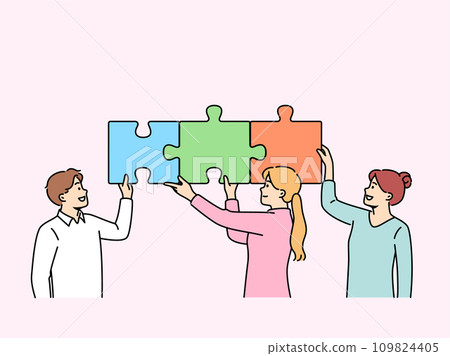 Teamwork business people putting together puzzle to jointly solve problem increasing company profits 109824405
