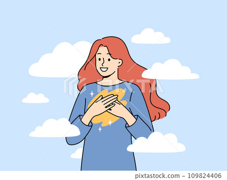 Woman feels harmony and happiness thanks to purity of soul and standing among clouds floating in sky 109824406