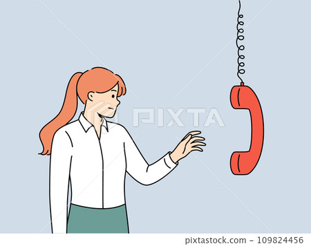 Business woman reaches out to telephone receiver to talk with company partners. Business woman reaches out to telephone receiver to talk with company partners. 109824456