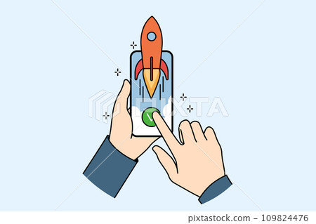 Hands and phone with rocket symbolizing fast internet and high-quality network for using mobile apps 109824476