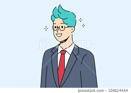 Businessman with funny hairstyle smiling posing in formal suit with tie and bright colored hair Businessman with funny hairstyle smiling posing in formal suit with tie and bright colored hair 109824484